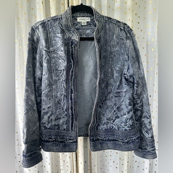 Coldwater Creek Shiny Border Trim Jacquard Brocade Tapestry Open Jacket Petite L - Picture 2 of 6